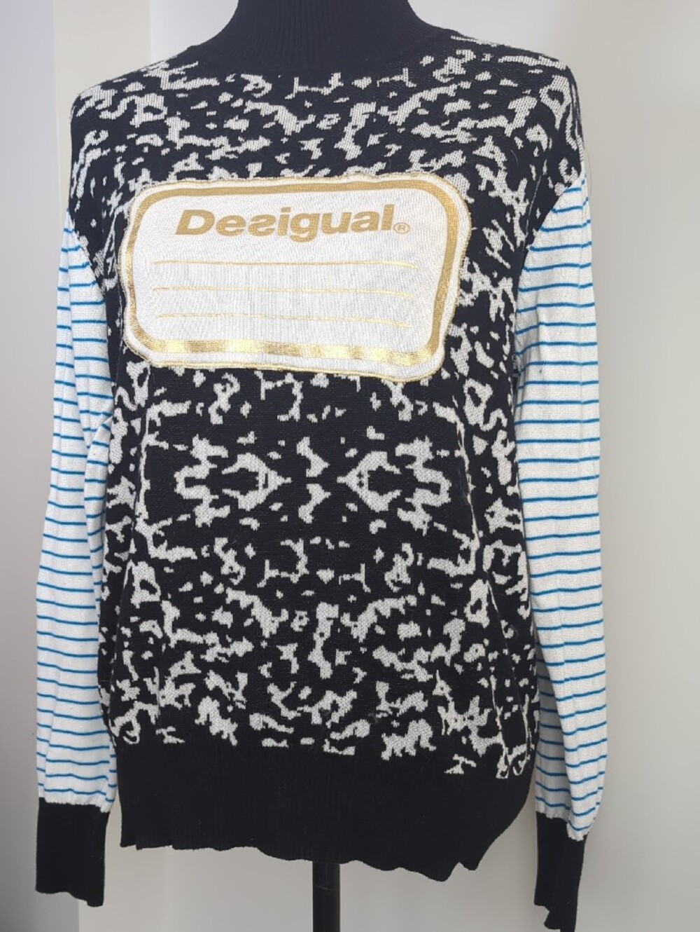 Desigual Composition Notebook Mock Neck Knit Sweater Stripe Accent Pullover LRG